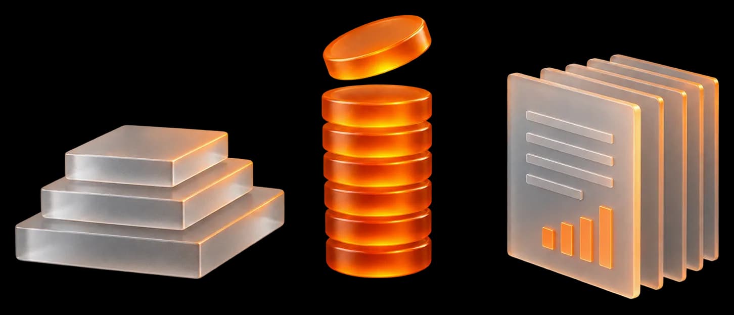Three glass plan tiers, a stack of glowing credit coins, and a fan of finished blueprint documents